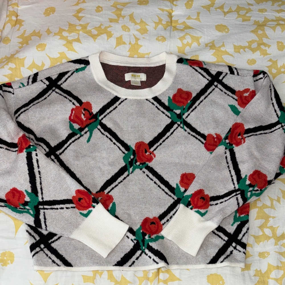 Maeve Gray Crewneck Sweater with Red Rose Pattern